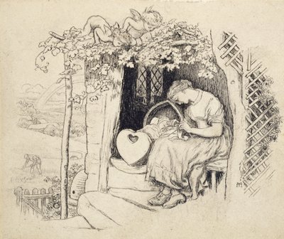 Am Wiege (Feder und Tusche über Graphit) von Arthur Hughes