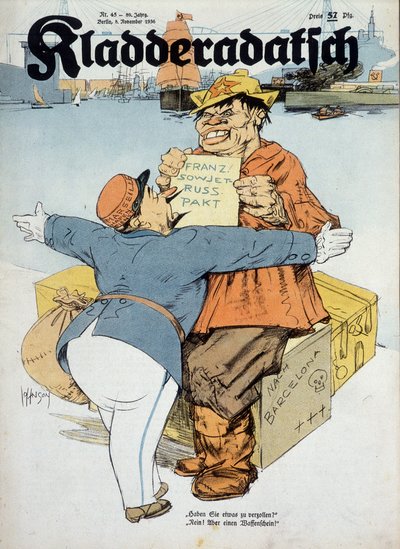 Deutsche Karikatur zu den französisch-sowjetischen Abkommen (Französischer Zollbeamter und russischer Matrose: „Haben Sie etwas zu deklarieren? Nein! Nur Waffen!“ (Kontext des Spanischen Krieges), „Kladderadatsch“ 8/11/1936, ill. von Arthur Johnson (1874-1 von Arthur Johnson