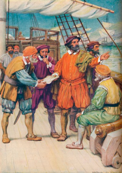 Magellan berät sich mit seinen Navigatoren, um 1925 von Arthur Percy Dixon