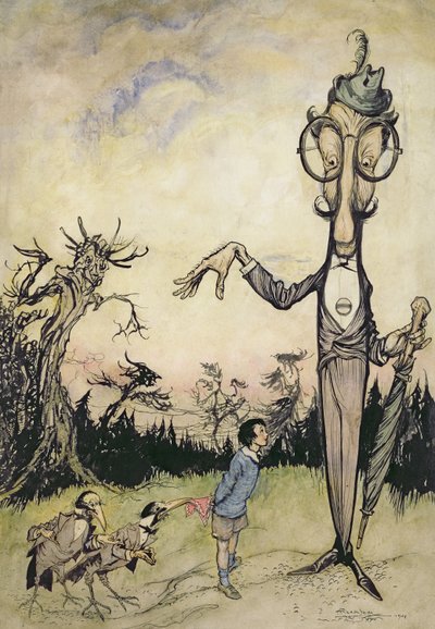 Ein Riese mit einem Kind und zwei Krähen, Illustration aus Das Buch von Betty Barber von Maggie Brown, veröffentlicht 1910 von Arthur Rackham