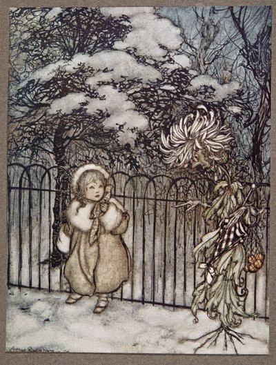 Eine Chrysantheme hörte sie und sagte spitz, Hoity-toity, was ist das?, aus Peter Pan in Kensington Gardens von J. M. Barrie (1860 - 1937), veröffentlicht 1906 von Arthur Rackham