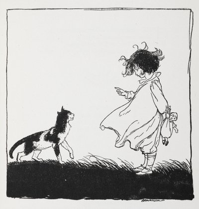 Ein Mädchen mit einer Puppe schimpft ihre Katze aus von Arthur Rackham