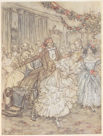 Eine Gesellschaft spielt Blindekuh. Ein Mann mit Augenbinde jagt eine Frau in einem Rüschenkleid. von Arthur Rackham