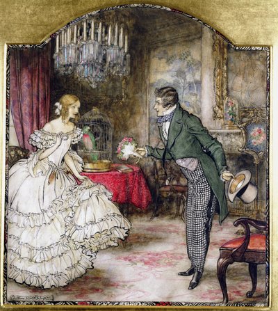 Ein junger Mann überreicht einem Mädchen einen Blumenstrauß in einem Salon von Arthur Rackham