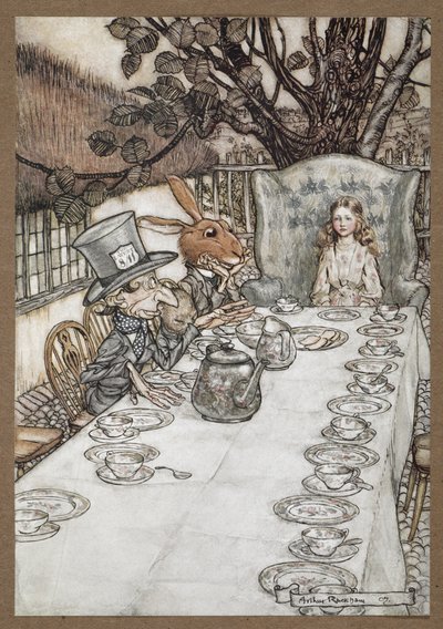 Alice bei der Teeparty des verrückten Hutmachers mit dem Märzhasen, dem Schlafmaus und dem verrückten Hutmacher von Arthur Rackham