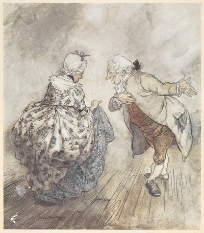 Ein altes Paar in formeller Kleidung, das sich zum Tanzen bereit macht von Arthur Rackham