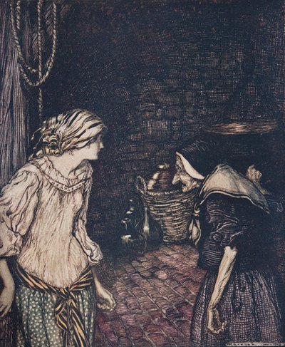 Endlich erreichte sie den Keller, und dort fand sie eine alte, alte Frau mit einem zitternden Kopf .., aus den Märchen der Brüder Grimm von Arthur Rackham