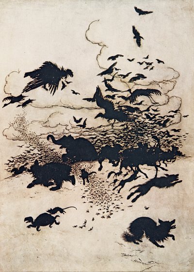 Beim dritten Stich schrie der Fuchs und sein Schwanz ging zwischen seine Beine, aus Die Märchen der Brüder Grimm, veröffentlicht 1909 von Arthur Rackham
