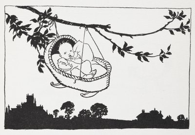 Baby in einer Wiege, die von einem Ast hängt von Arthur Rackham
