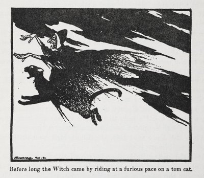 Bald kam die Hexe wütend auf einem Kater reitend vorbei. von Arthur Rackham