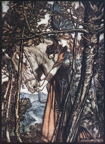 Brünnhilde führt ihr Pferd am Zügel. Illustration für Das Rheingold und Die Walküre von Richard Wagner von Arthur Rackham