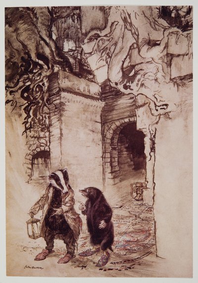 Beim Überqueren der Halle gingen sie einen der Haupttunnel hinunter, aus Wind in den Weiden von Kenneth Grahame (1859 - 1932), veröffentlicht 1940 von Arthur Rackham