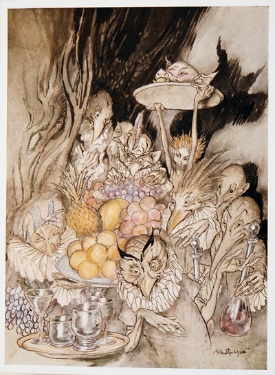 Treten mehrere seltsame Gestalten ein, die ein Bankett bringen ?.den König einladen, etc. zu essen, Illustration aus William Shakespeares Der Sturm, veröffentlicht 1926 von Arthur Rackham