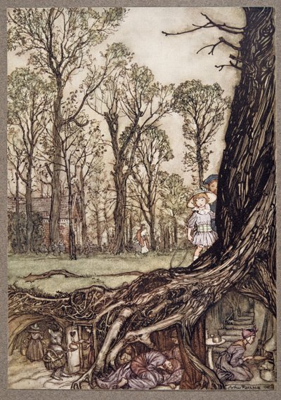 Feen verstecken sich mehr oder weniger bis zur Dämmerung, aus Peter Pan in Kensington Gardens von J M Barrie, veröffentlicht 1906 von Arthur Rackham