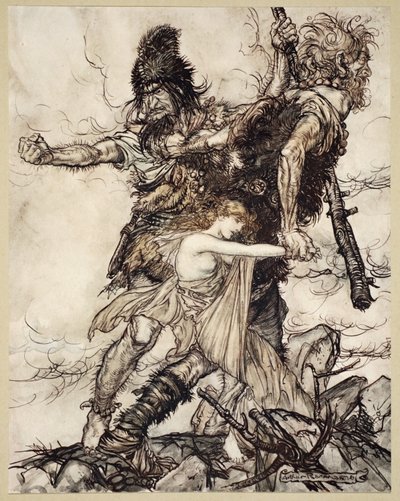 Fasolt ergreift plötzlich Freia und zieht sie mit Fafner zur Seite, Illustration aus 