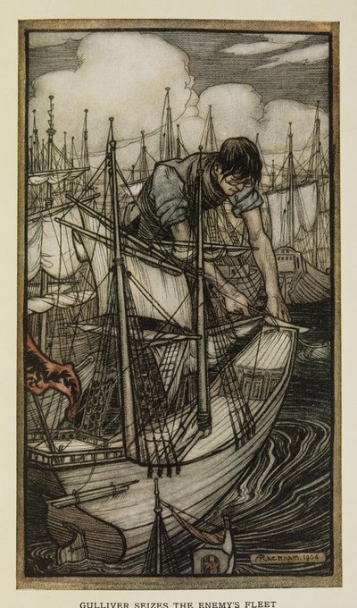 Gulliver erobert die feindliche Flotte, Illustration aus Gullivers Reisen von Jonathan Swift, von Arthur Rackham von Arthur Rackham