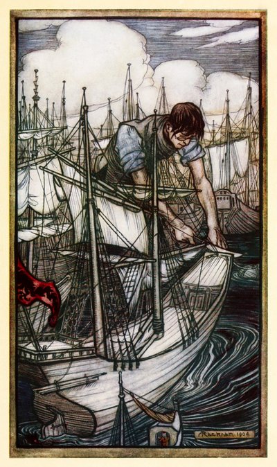 Gulliver ergreift die feindliche Flotte, aus Teil I: Eine Reise nach Lilliput in Gullivers Reisen von Jonathan Swift von Arthur Rackham