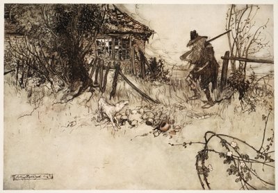 Er fand das Haus verfallen? Mein eigener Hund, seufzte der arme Rip, hat mich vergessen., aus Rip Van Winkle von Washington Irving, veröffentlicht 1910 von Arthur Rackham