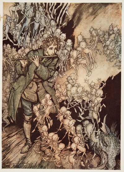 Er spielte, bis der Raum vollständig mit Gnomen gefüllt war, aus Kleiner Bruder & Kleine Schwester und andere Märchen der Brüder Grimm, veröffentlicht 1917 von Arthur Rackham