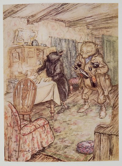 Er tauchte bald wieder auf, etwas staubig, mit einer Flasche Bier in jeder Pfote und einer weiteren unter jedem Arm, aus Wind in den Weiden von Kenneth Grahame (1859 - 1932), veröffentlicht 1940 von Arthur Rackham