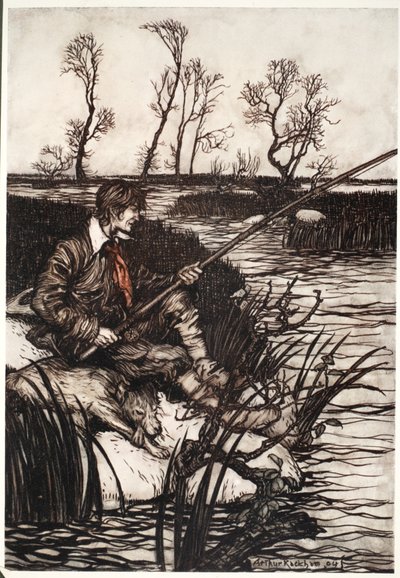 Er würde den ganzen Tag auf einem nassen Felsen sitzen und angeln., aus Rip Van Winkle von Washington Irving, veröffentlicht 1910 von Arthur Rackham