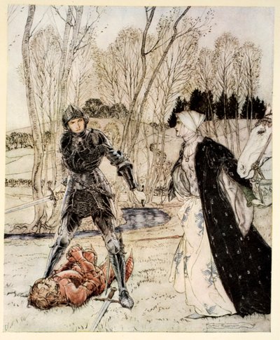 Wie Beaumains den Roten Ritter besiegte und die Jungfrau immer viele böse Worte zu ihm sprach, Illustration aus 