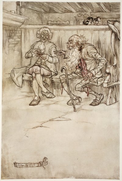 Ich habe sogar selbst mit Rip Van Winkle gesprochen, der, als ich ihn zuletzt sah, ein sehr ehrwürdiger alter Mann war., aus Rip Van Winkle von Washington Irving, veröffentlicht 1910 von Arthur Rackham