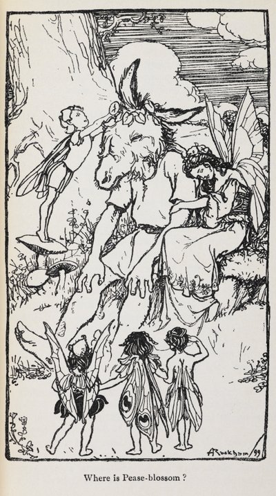 Illustration aus Ein Sommernachtstraum mit Feen und einem Mann mit einem Eselskopf. von Arthur Rackham