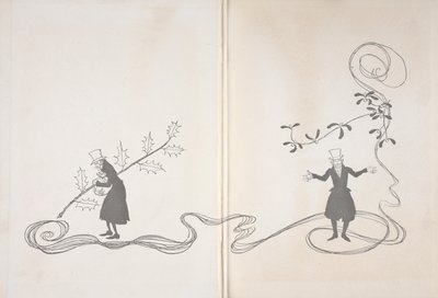 Illustration von Scrooge. Auf der einen Seite ist er mit einem Stechpalmenzweig dargestellt, wie er eine Geldtasche hält und wütend aussieht. Auf der anderen Seite ist er mit einem Mistelzweig dargestellt und sieht glücklich aus. von Arthur Rackham