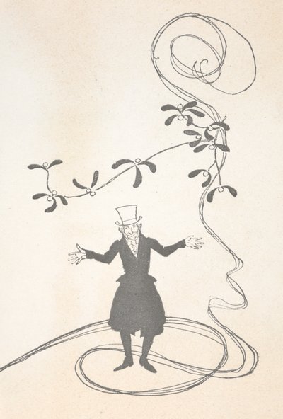 Illustration von Scrooge, dargestellt mit einem Mistelzweig und glücklich aussehend von Arthur Rackham