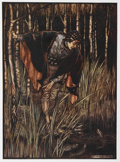Illustration eines Jünglings an einem Teich aus Die weiße Schlange von Arthur Rackham