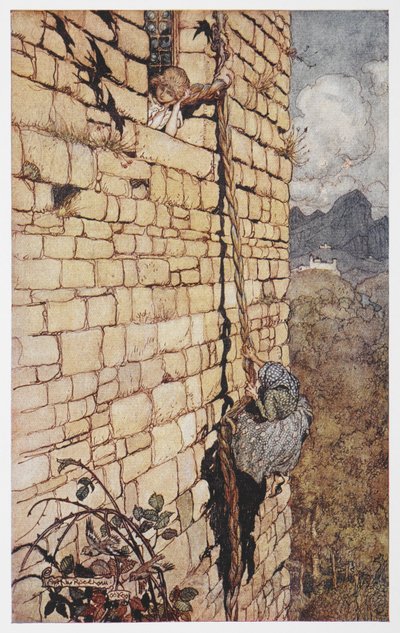 Illustration der Hexe, die Rapunzels Haar hinaufklettert. von Arthur Rackham