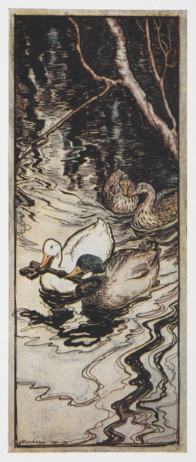 Illustration von zwei Enten, die einen Schlüssel tragen, aus Die Bienenkönigin von Arthur Rackham