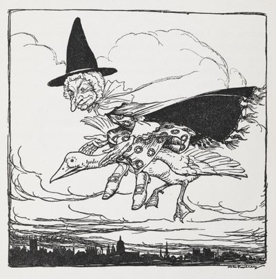 Mutter Gans fliegt auf einer Gans von Arthur Rackham