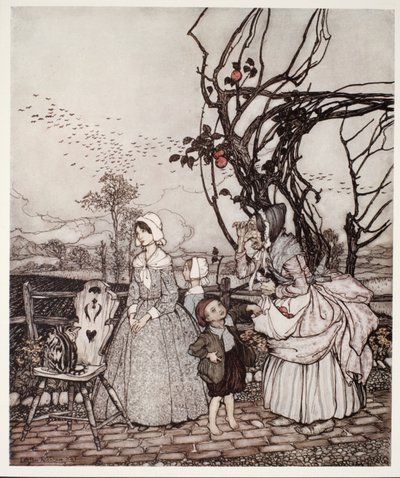 Mutter und Kinder kommen vom Apfelsammeln zurück (aus Rip Van Winkle von Washington Irving) von Arthur Rackham