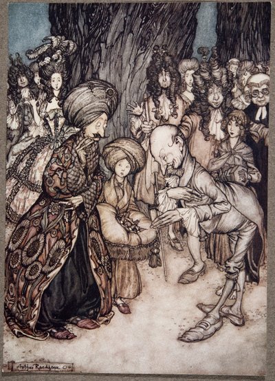 Mein Herr Herzog, sagte der Arzt begeistert, ich habe die Ehre, Eurer Exzellenz mitzuteilen, dass Eure Gnaden verliebt sind.., aus Peter Pan in Kensington Gardens von J. M. Barrie, veröffentlicht 1906 von Arthur Rackham