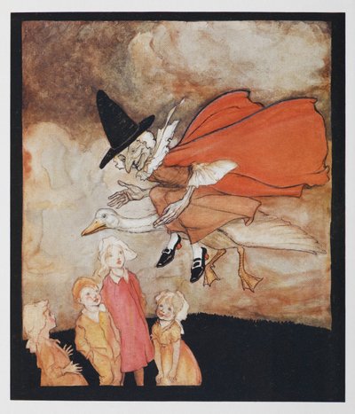 Alte Mutter Gans, fliegt über einige Kinder in einem roten Umhang und schwarzem Hut. von Arthur Rackham