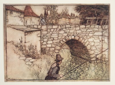 Es war einmal ein armer Bauer namens Krabb, der eine Ladung Holz mit zwei Ochsen in die Stadt zum Verkauf brachte, aus den Märchen der Brüder Grimm, veröffentlicht 1909 von Arthur Rackham