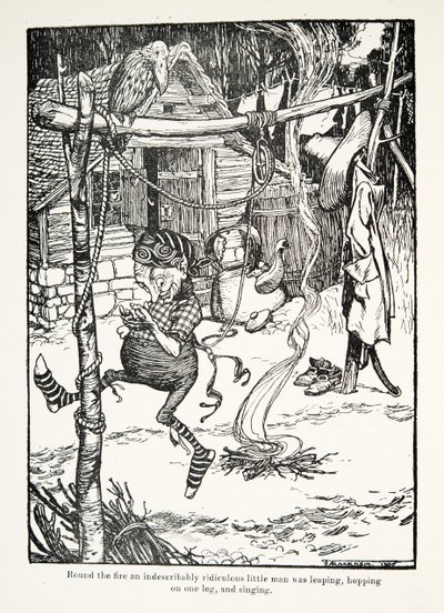 Rund um das Feuer sprang ein unbeschreiblich lächerlicher kleiner Mann auf einem Bein und sang, aus den Märchen der Brüder Grimm, veröffentlicht 1909 von Arthur Rackham