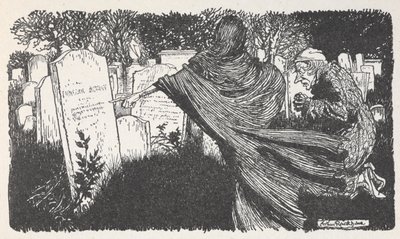 Scrooge und ein Geist auf einem Friedhof bei Nacht. von Arthur Rackham