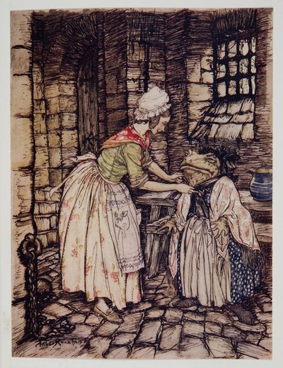 Sie arrangierte das Tuch mit einem professionellen Faltenwurf und band die Bänder der rostigen Haube unter seinem Kinn, aus Wind in den Weiden von Kenneth Grahame (1859 - 1932), veröffentlicht 1940 von Arthur Rackham