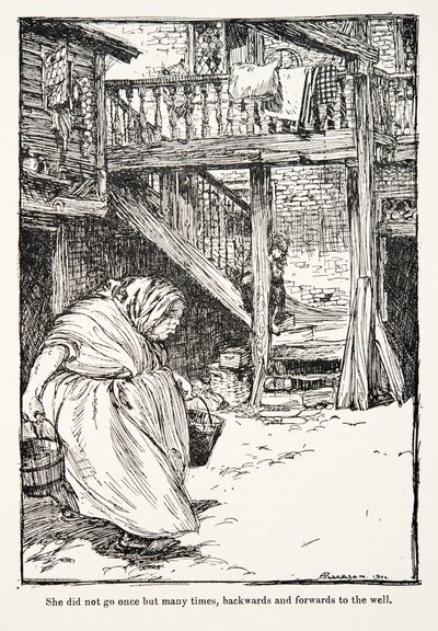 Sie ging nicht nur einmal, sondern viele Male hin und her zum Brunnen (aus den Märchen der Brüder Grimm) von Arthur Rackham