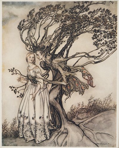 Die alte Frau im Wald, aus Brüderchen & Schwesterchen und andere Märchen der Brüder Grimm, veröffentlicht 1917 von Arthur Rackham