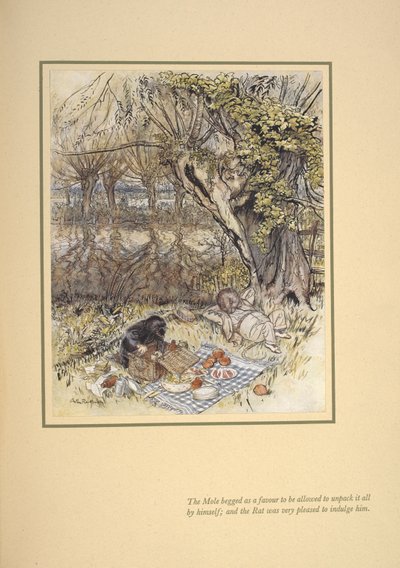 Der Maulwurf bat als Gefallen, alles selbst auspacken zu dürfen; und die Ratte war sehr erfreut, ihm diesen Wunsch zu erfüllen von Arthur Rackham