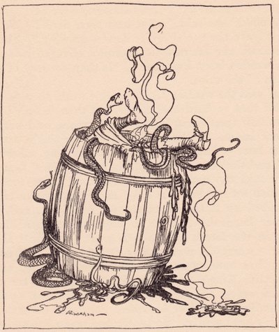 Die böse Schwiegermutter wurde in ein Fass mit kochendem Öl und giftigen Schlangen gesteckt. Illustration von Arthur Rackham aus Grimms Märchen, Die zwölf Brüder, veröffentlicht Ende des 19. Jahrhunderts. von Arthur Rackham