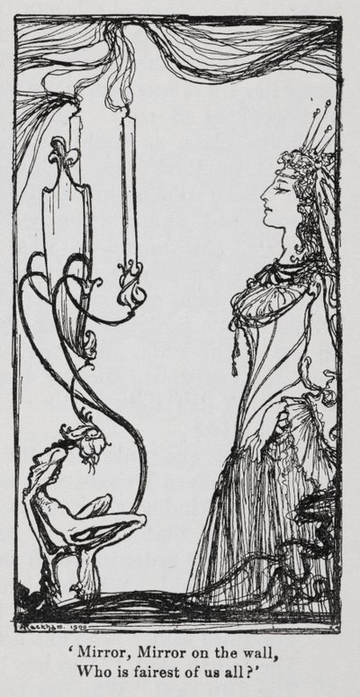 Die böse Königin schaut sich im Spiegel an aus Schneewittchen. von Arthur Rackham