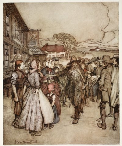 Sie drängten sich um ihn und betrachteten ihn von Kopf bis Fuß mit großer Neugier., aus Rip Van Winkle von Washington Irving, veröffentlicht 1910 von Arthur Rackham