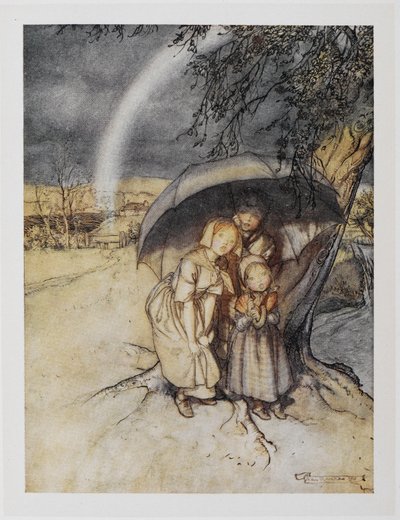 Drei Kinder unter einem Regenschirm mit einem Regenbogen. 