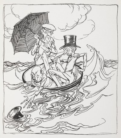 Drei Männer in einer Schüssel auf dem Meer. von Arthur Rackham