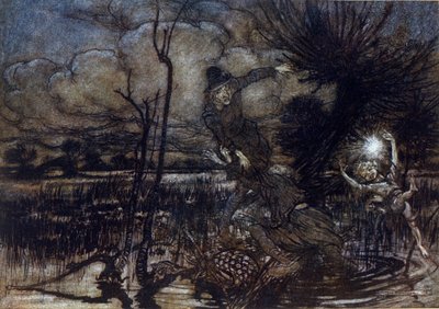 Zwei Figuren drohen im Sumpf zu ertrinken, Puck hilft ihnen mit einem Feuer. Illustration von Arthur Rackham für Ein Sommernachtstraum von William Shakespeare von Arthur Rackham